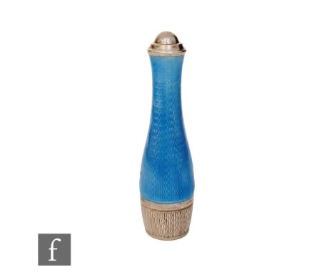 A silver bottle shaped cheroot holder case, the blue enamel body unscrewing to reveal conforming cheroot holder with further 