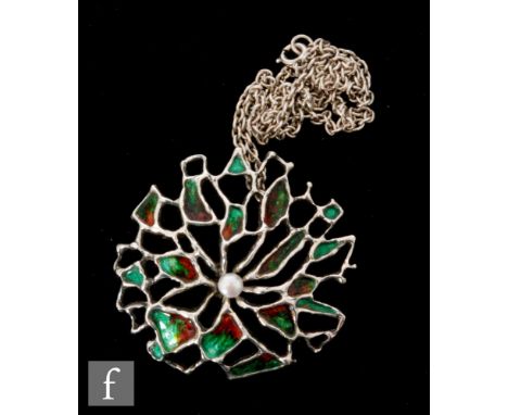 A Norwegian silver pendant necklace, Karl Jorgen for David Andersen, the circular openwork reticulated and domed pendant infi