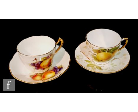 A later 20th Century Fine Bone China teacup and saucer, panel decorated by former Royal Worcester artist Richard Budd with pe