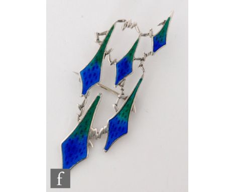 A 1960s silver and enamelled brooch of abstract stylised triangular form, with graduated blue to green enamel work, length 7c