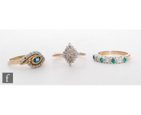 Three 9ct hallmarked stone set rings, a sapphire and diamond cluster, an emerald and diamond half eternity and a marquise dia