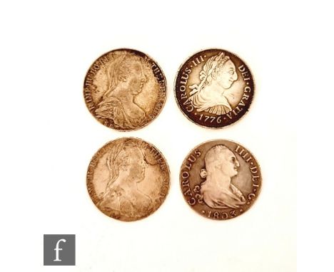 Various Charles III to IIII coins to include eight reale pillar replica dollars and two 1780 Theresa dollars. (qty) 