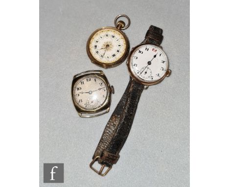 An early 20th Century 9ct rose gold wrist watch, Arabic numerals to a white enamelled dial and leather strap, with a similar 