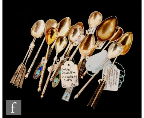 A collection of late 19th/early 20th Century Russian silver and silver-gilt tea and coffee spoons, to include Neillo, enamell