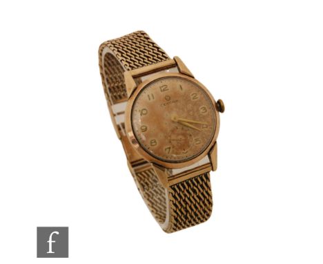 A gentleman's 9ct Certina manual wrist watch, Arabic numerals to a cream dial and a 9ct mesh link bracelet, total weight 51.5