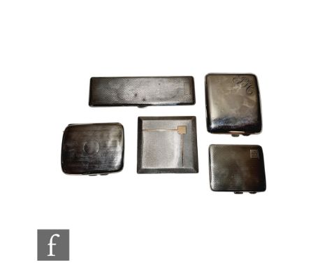 Five assorted hallmarked silver cigarette cases, four with engine turned decoration and one plain example engraved with initi