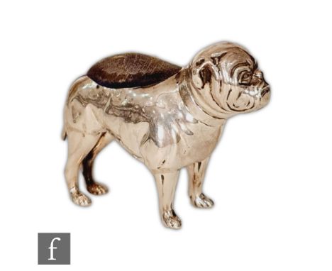 A silver hallmarked pin cushion modelled as a standing bulldog, Birmingham 1924, Adie &amp; Lovekin Ltd, height 5.5cm, length