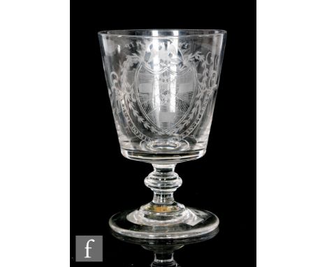 A George III glass rummer circa 1810, the bucket bowl engraved with an oval cartouche with two hand shaking with FRIENDSHIP a