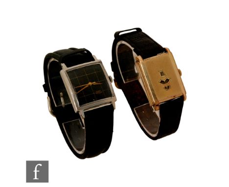 A gentleman's stainless steel Girard Perregaux automatic wrist watch, square black dial with gilt grid details to a leather s