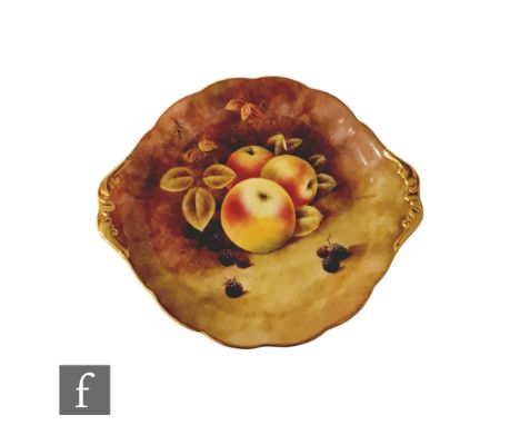 A small later 20th Century hand painted cake plate decorated by former Royal Worcester artist Richard Budd with Fallen Fruits
