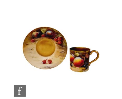 A Royal Worcester Fallen Fruits coffee can and saucer decorated by W.H Austin with hand painted plums, peaches and berries, s