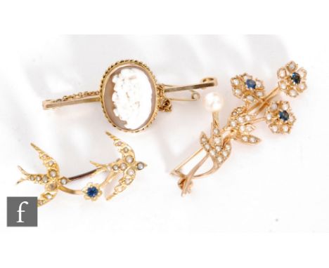 Three 20th Century 9ct bar brooches two sapphire and seed pearl examples with a similar cameo depicting a profile of a classi