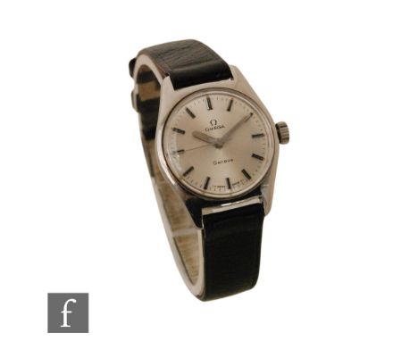 A lady's stainless steel Omega Geneve manual wind wrist watch, batons to a circular silvered dial, case diameter 24mm, moveme