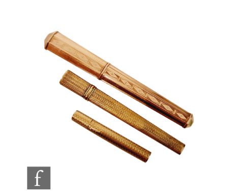 Three early 20th Century gold needle cases, two with engine turned decoration, one with engraved decoration, all unmarked, al