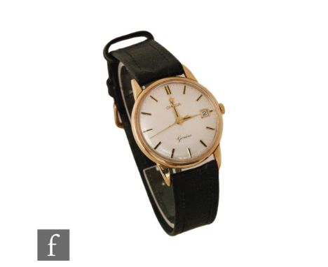 A gentleman's 9ct hallmarked Omega Geneve manual wind wrist watch, batons and date facility to a circular silvered dial, case