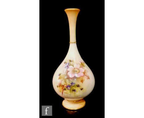 A Royal Worcester Hadleys shape 307 bottle vase panel decorated by Cole, with hand painted dog roses and violets, signed, gre