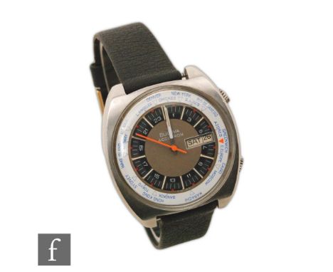 A gentleman's Bulova Accutron World Timer stainless steel quartz wrist watch, Arabic numerals and batons to a two tone tan an