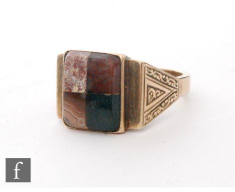 A gentleman's 9ct ring, the rectangular head set with four various agate stones to triangular engraved shoulders length of he