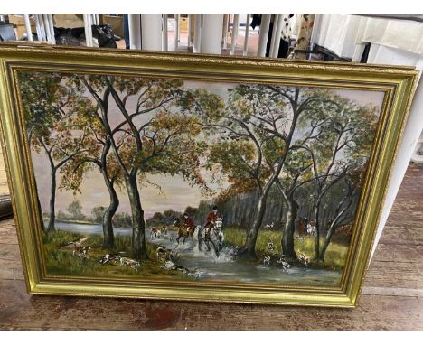 A framed oil on board depicting a hunting scene signed G Beck 85x60cm, shipping unavailable 