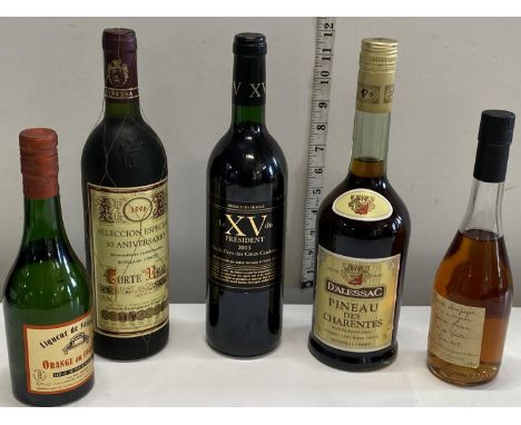 Five assorted bottles of sealed vintage alcohol including champagne cognac, brandy &amp; wine etc 