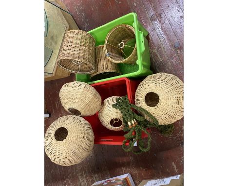 Two boxes of assorted wicker 1970's  lamp shades etc, no shipping 