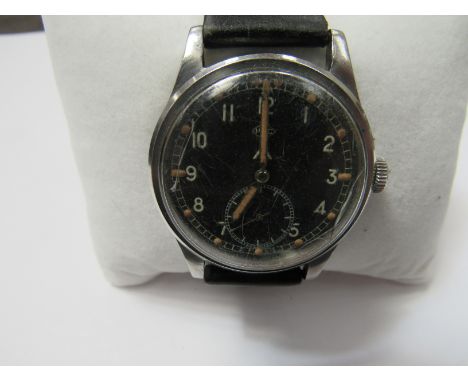An IWC "Dirty Dozen" WWII watch, the black dial with Arabic numerals, in a stainless stell case with broad arrow mark to dial