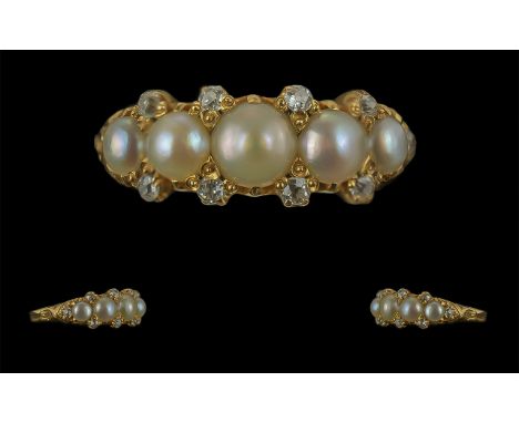 Ladies 18ct Gold Pearl and Diamond Set Ring, Pleasing Design / Setting. Not Marked but Tests 18ct. The Five Well Matched Pear