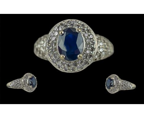 Ladies Pleasing 10ct White Gold Diamond and Sapphire Set Dress Ring, Marked 10ct to Shank. Est 0.50 cts of Diamonds, Ring Siz