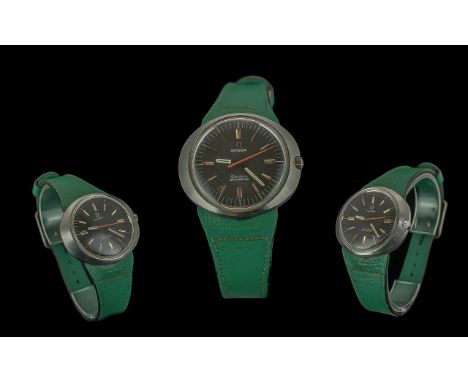 Omega Geneve Dynamic Steel Cased Manual Wind Wrist Watch, circa 1970, features black dial, gold markers and iconic shape;  in