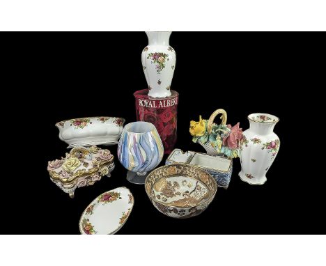 Royal Albert 'Old Country Roses' 9'' tall boxed vase, 8.5'' oval tray, large 10.5'' diameter bowl, and 9.5'' vase. Together w