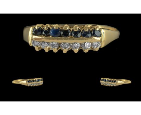 Ladies Fine 18ct Gold Sapphire and Diamond Channel Set Ring, Full Hallmark to Interior of Shank. The Two Rows of Diamonds and
