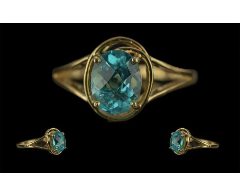 Neon Apatite Solitaire Ring, an oval cut vivid blue apatite of approximately 2cts, known as neon apatite for the brilliance a