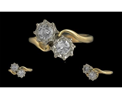 Ladies 18ct Gold Two Stone Diamond Set Ring, Full Hallmark to Interior of Shank, The Round Faceted Diamonds of Good Colour / 
