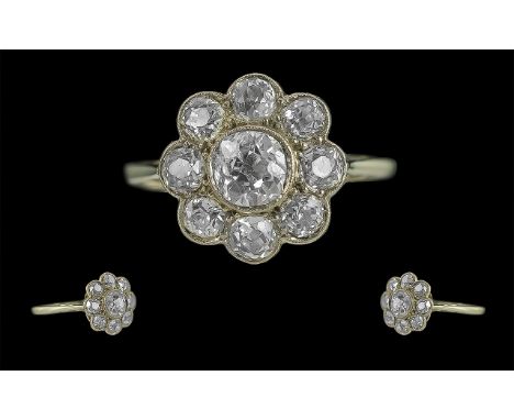 Edwardian Period 1901 - 1910 18ct White Gold Diamond Set Cluster Ring, Flower head Setting. Marked 18ct to Interior of Shank.