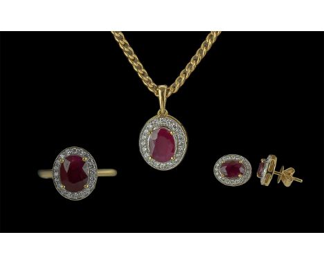Ladies - Excellent Quality 18ct Gold Ruby and Diamond Jewellery Set. Comprises Pair of Earrings, Dress Ring, Necklace, Pendan