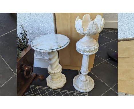 Two Solid Alabaster Columns, of turned design, suitable for plant stands, table, etc.  Both approx. 24'' tall.