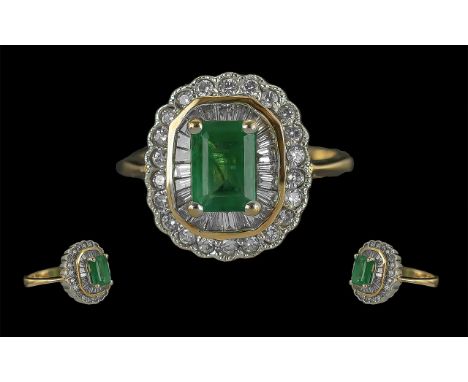 Ladies - Quality 18ct Gold Emerald and Diamond Set Dress Ring. The Central Step-cut Emerald of Excellent Colour, Est Weight 1