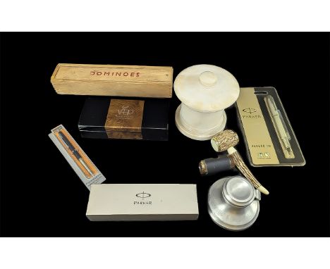 Box of Assorted Collectible Items, including Parker Fountain Pen IM in original unused condition, Parker black fountain pen, 