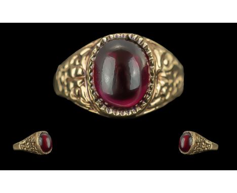 Ladies - Ornate 9ct Gold Single Stone Fire Garnet Set Ring, Marked 9.375 to Shank. The Cabochon Cut Fire Garnets of Excellent