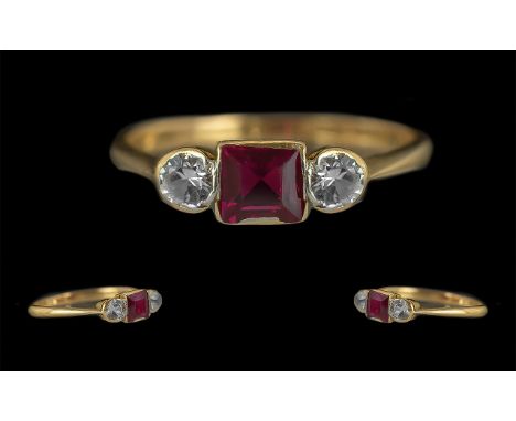 Antique Period - Petite 22ct Gold Ruby and White Sapphire 3 Stone Ring, Marked 22ct to Interior of Shank. The Central Square 
