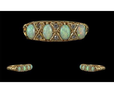 Antique Period Ladies 18ct Gold Opal and Diamond Set Ring, Raised Open worked Setting, Full Hallmark for Birmingham 1913 to I
