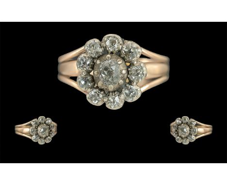 Antique Diamond Ring, Mine Cut Diamonds In A Flower Head Setting, Unmarked 9ct Gold.