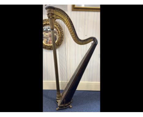Early 19th C. Sebastian Erard Grecian Harp, patent No. 472 base with 8-pedals, parcel gilt classical moulding to base and cap