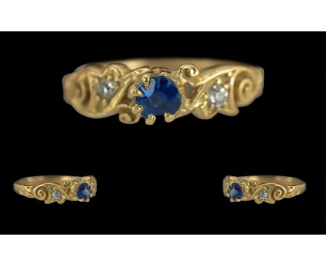 Antique Period - Petite 18ct Gold Sapphire / Diamond Set Ring, Ornate Setting / Design. Full Hallmark to Interior of Shank fo