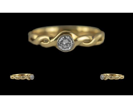 Celtic 18ct Gold Single Stone Diamond Set Ring, Celtic Designed Shank. The Round Brilliant Cut Diamonds of Excellent Colour /