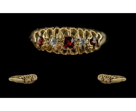 George V Early 18ct Gold 5 Stone Ruby and Diamond Set Ring, Raised Claw Setting, Full Hallmark for Birmingham 1915 to Interio
