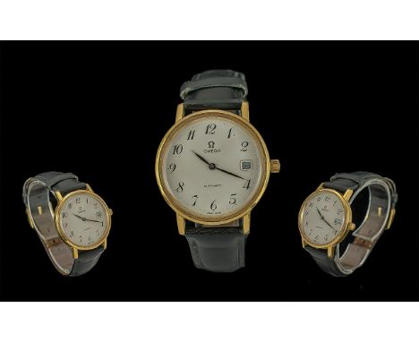 Omega Gents Gold on Steel Automatic Wrist Watch, c.1970's. Black Tan Leather Strap with Omega Signed Buckle, Good Looking Gen