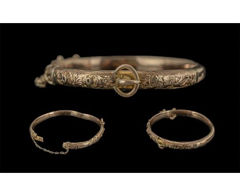 Edwardian Period Ladies 9ct Gold Ornate Hinged Buckle Bangle with Embossed Decoration with Original Display Fitted Box. Full 