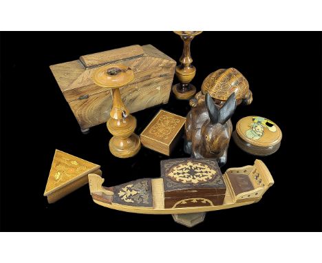 Box of Wooden Items, including a lidded caddy, wooden candlesticks, tortoise, rabbit, inlaid boxes, etc.