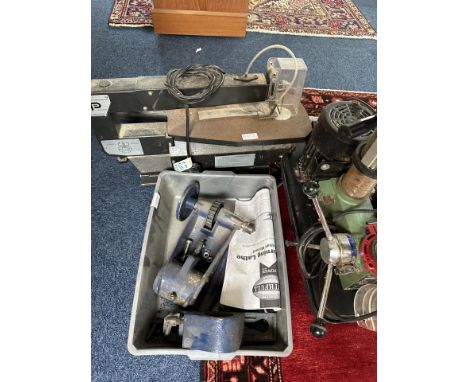 Collection of Woodworking Tools, to include a Floor Standing Pillar Drill, power scroll saw, a wood turning lathe, and a set 